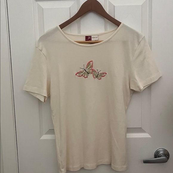 JM Collection Tops - Cream T-Shirt with Butterfly Embroidery 100% cotton